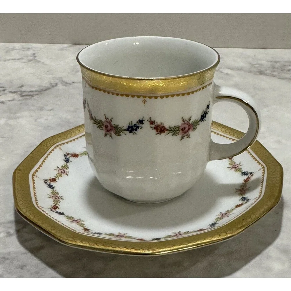 Tirschenreuth Bavaria Germany Porcelain Demitasse Cup Saucer Set 12 Sided Floral